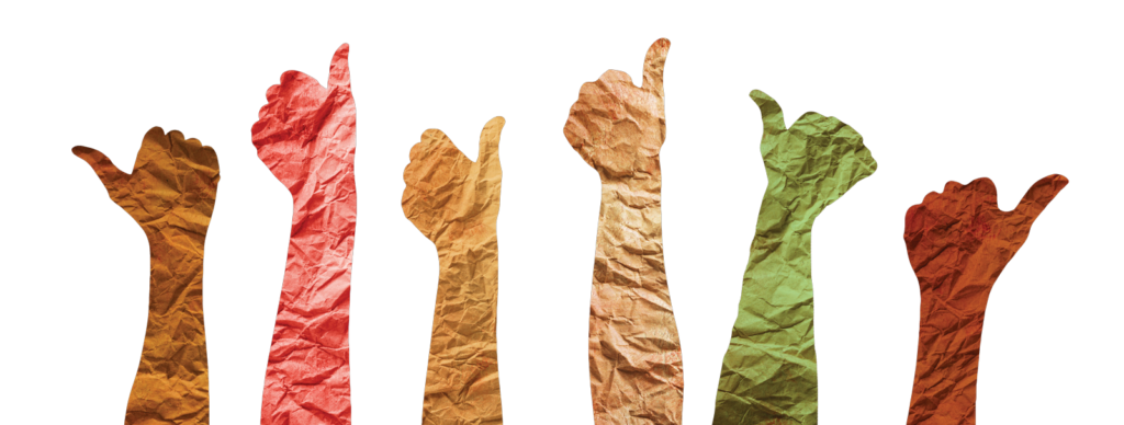 Crumpled paper arms holding thumbs up