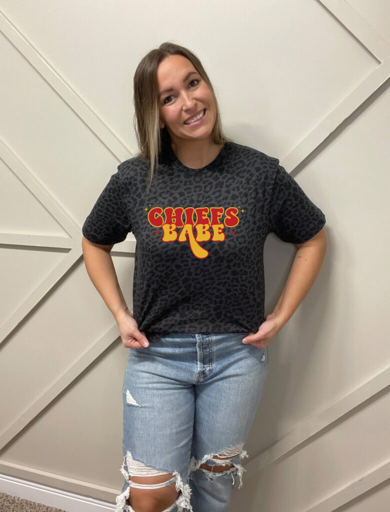 Model wearing Chiefs Babe shirt from 203 Boutique