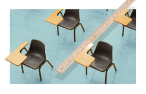 Photo collage of school desks in grid with yardstick superimposed on the floor beneath