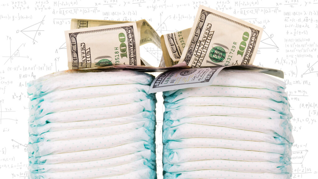 Stacks of Diapers with hundred dollar bills sitting on top and mathematical equations written as background