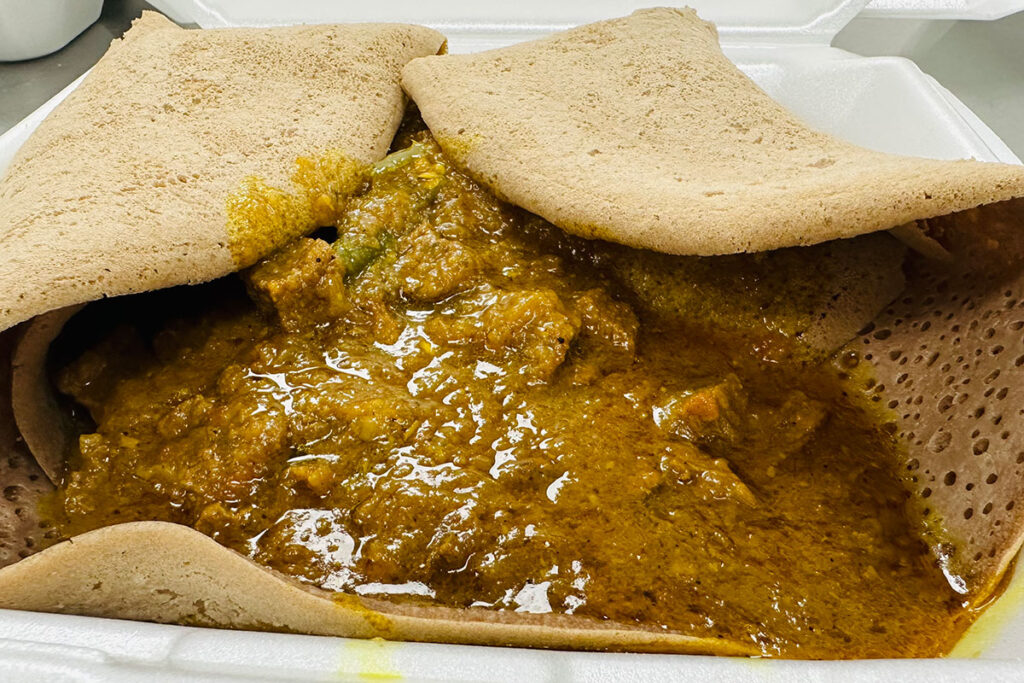 The Ethiopian dish shiro alicha wot is made here with beef; the traditional wot (stew) is made with venison.