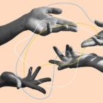 Two pairs of hands exchanging threads symbolizing a networking relationship.