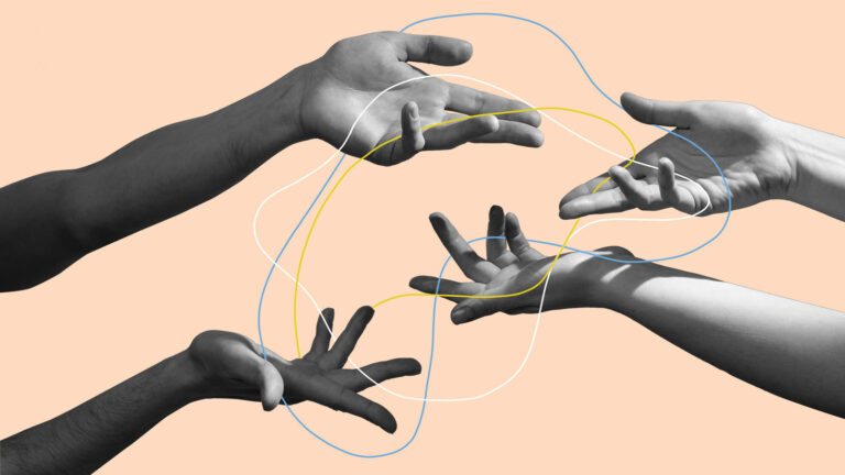 Two pairs of hands exchanging threads symbolizing a networking relationship.