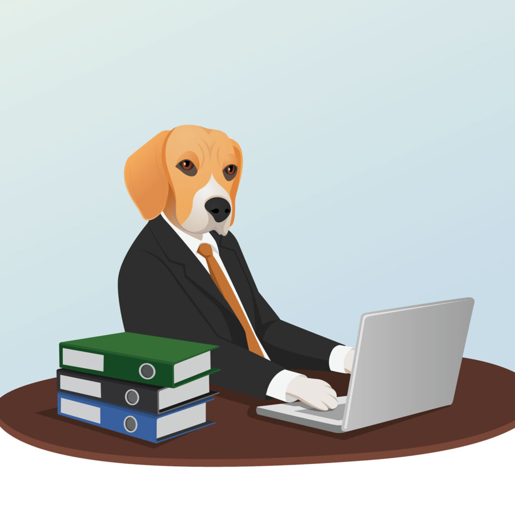 Illustration of a Beagle in a business suit working on a laptop