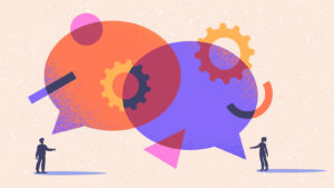 Illustration two silhouettes talking with speech bubbles and gears floating.