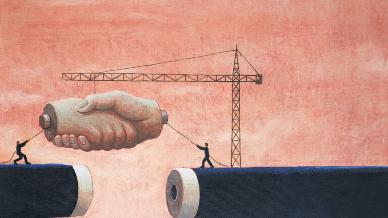 Drawing of a crane lowering two shaking hands into to handless arms.