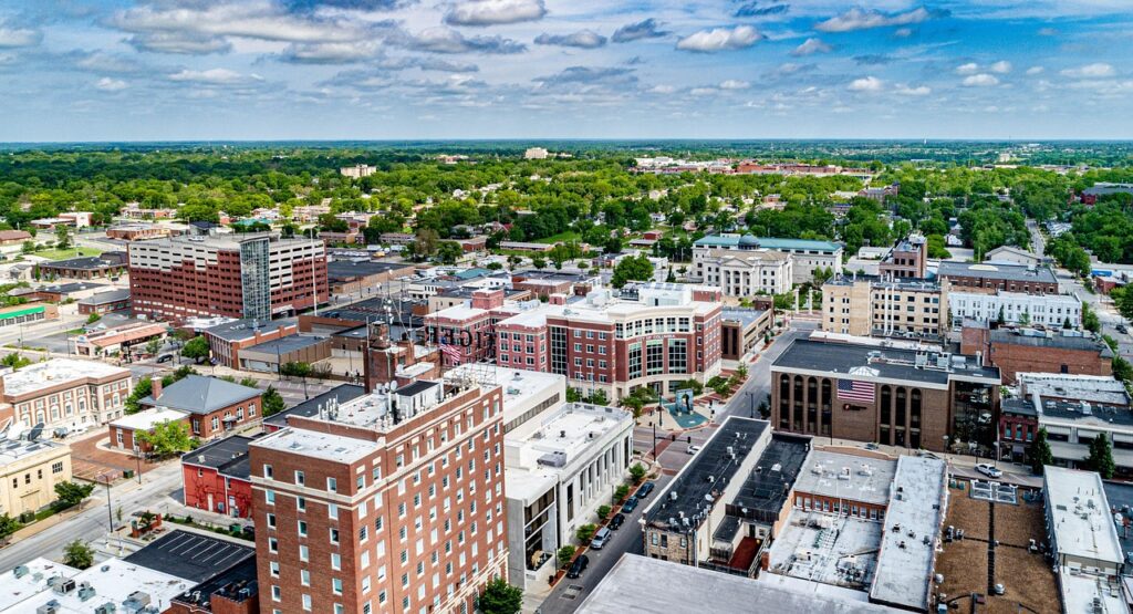 An aerial photo of downtown Columbia, Mo.