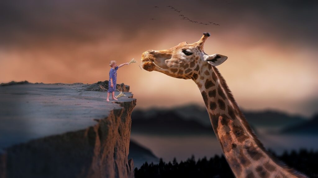 Giraffe and a small boy in dreamscape illustration.