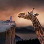 Giraffe and a small boy in dreamscape illustration.