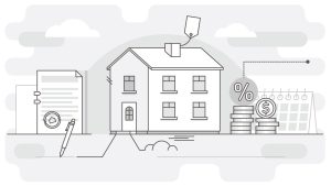 Illustrated college of house with price tag, key, stacks of coins, signed document