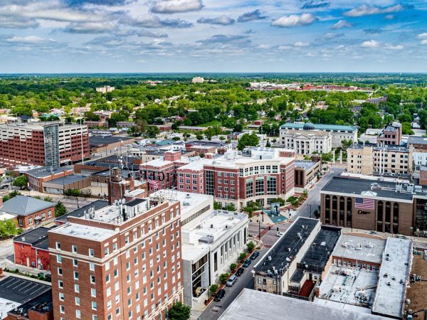 An aerial photo of downtown Columbia, Mo.