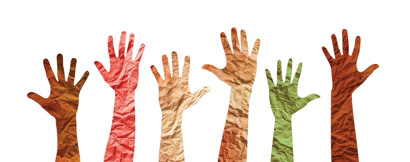 Crumpled paper arms with hands raised