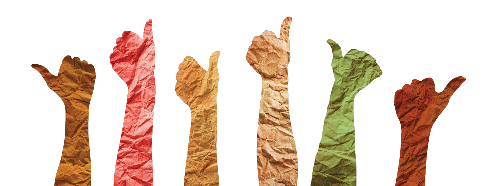 Crumpled paper arms holding thumbs up