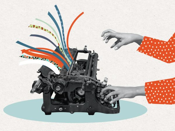 collage image, hand typing on a typewriter with colorful strips coming out of the machine