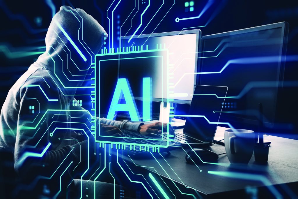 Hooded person at computer with digital AI interface overlay, futuristic cyber background, concept of cybercrime threats and artificial intelligence