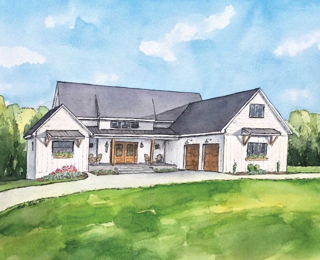 Jefferson City, Private Property July 2020: “It was fun to receive this house portrait commission for a fairly newly constructed beautiful house in Jefferson City. It has a pleasant feel to it with its big blue sky and green lawn bordering the clean house with cute details.
