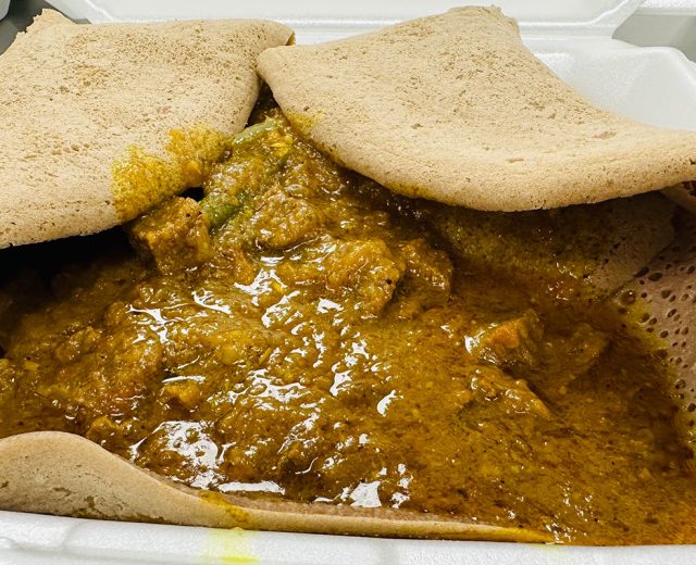 The Ethiopian dish shiro alicha wot is made here with beef; the traditional wot (stew) is made with venison.