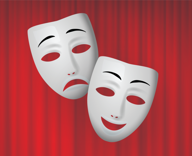 Comedy-tragedy-masks-on-red-stage-curtain
