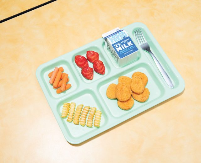 Como-Mag-Gourmet-Lunch-tray-with-carrots-strawberries-chicken-nuggets-and-french-fries