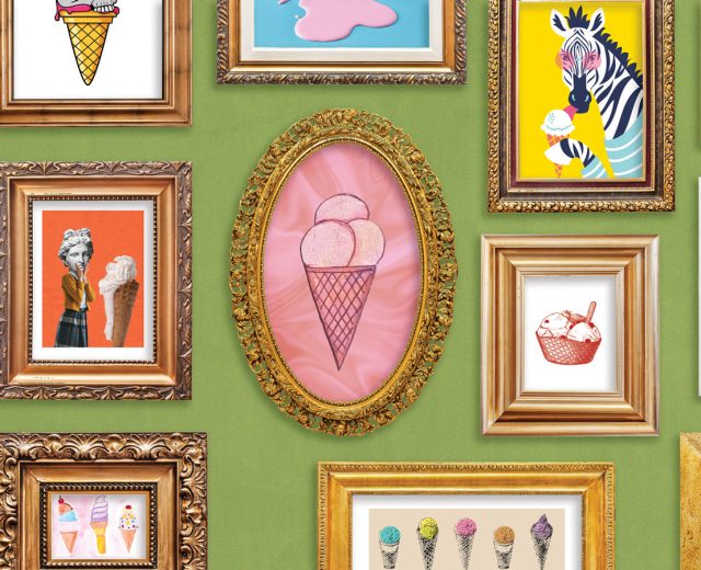 Green-wall-of-framed-illustrations-and-artwork-of-ice-cream