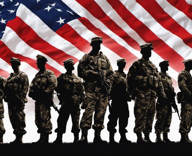 Veterans stand in front of a waving American flag. Ai image from Pixabay.