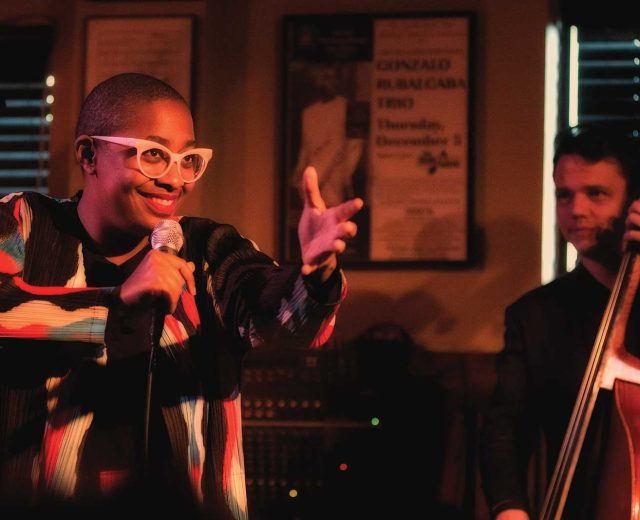 Grammy winning vocalist Cécile McLorin Salvant, in her sole Jazz Series appearance, pictured here with bassist Paul Sikivie on Novemberr 17, 2017. Photo by Joel Anderson.