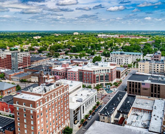 An aerial photo of downtown Columbia, Mo.