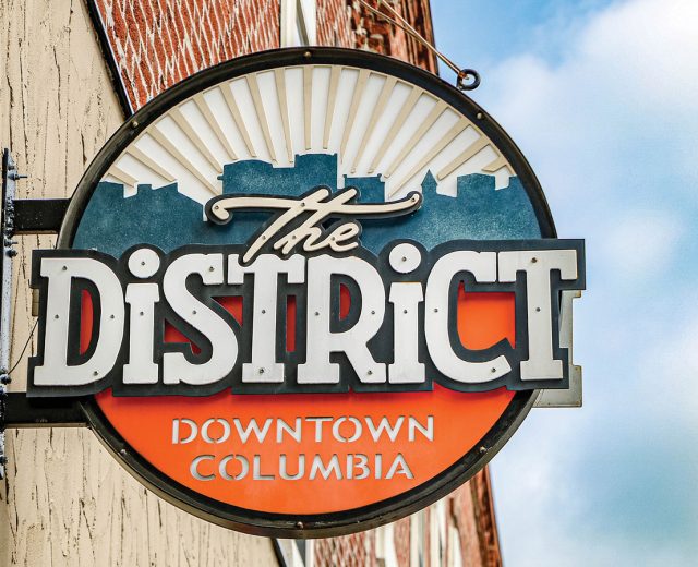 Metal signage for the District downtown Columbia.