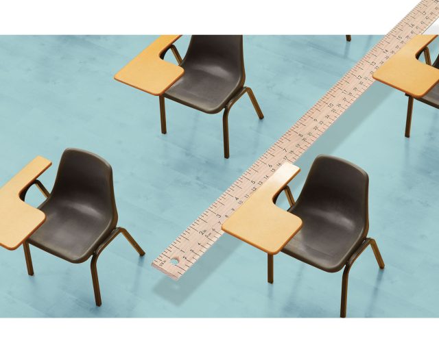Photo collage of school desks in grid with yardstick superimposed on the floor beneath