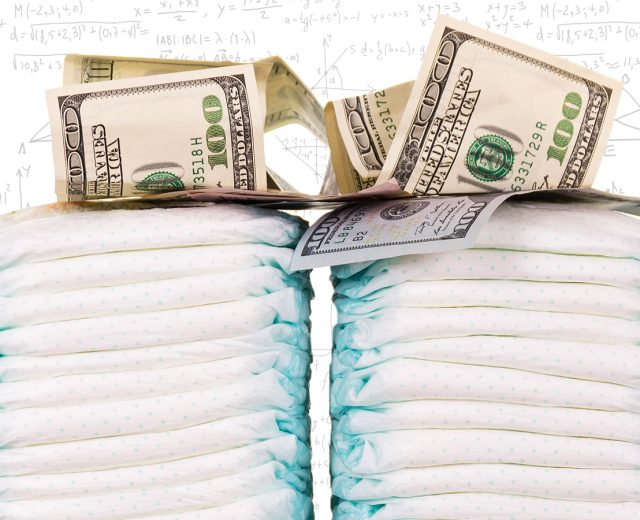 Stacks of Diapers with hundred dollar bills sitting on top and mathematical equations written as background
